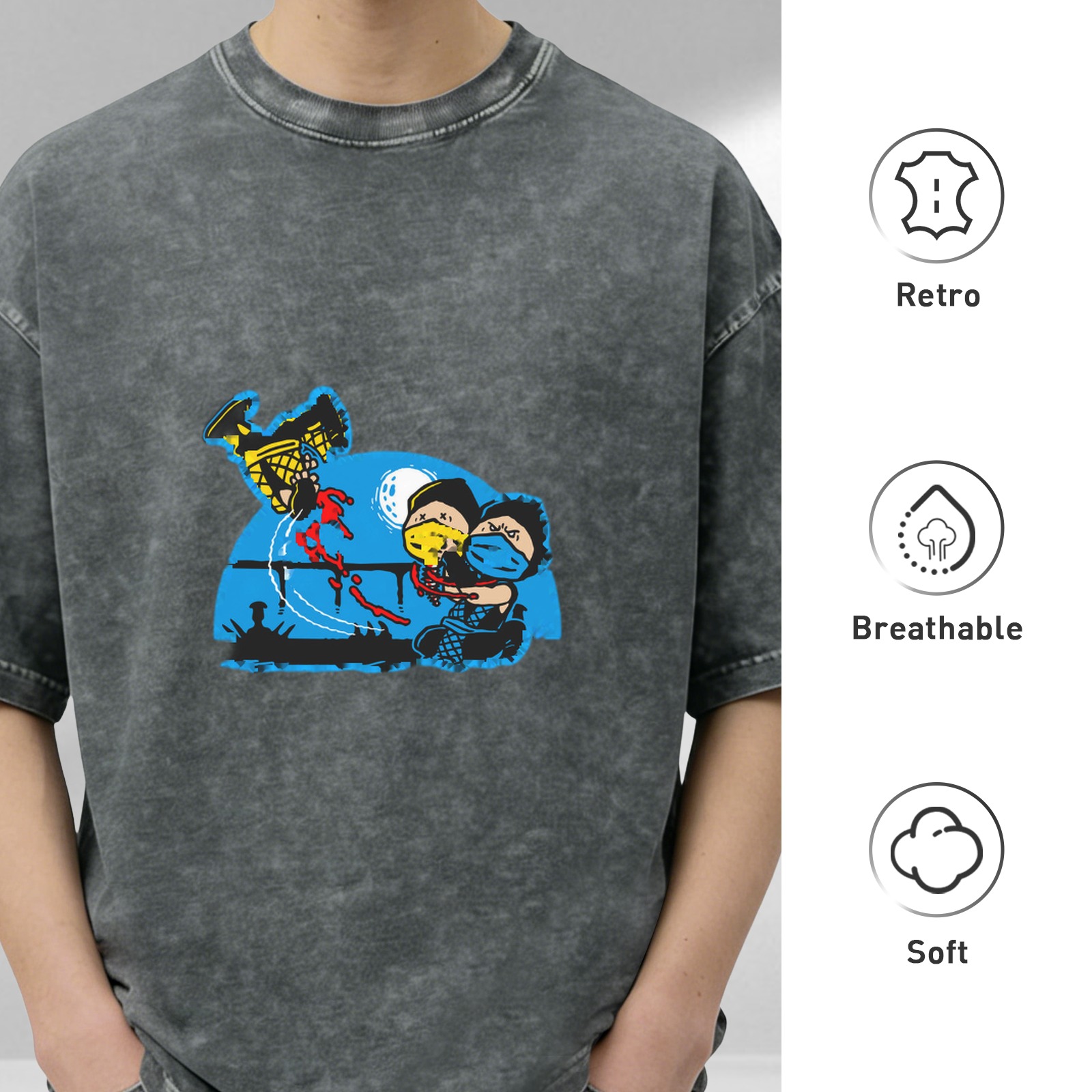 Washed Black Graphic T-Shirt With Cartoon Fight Scene Print
