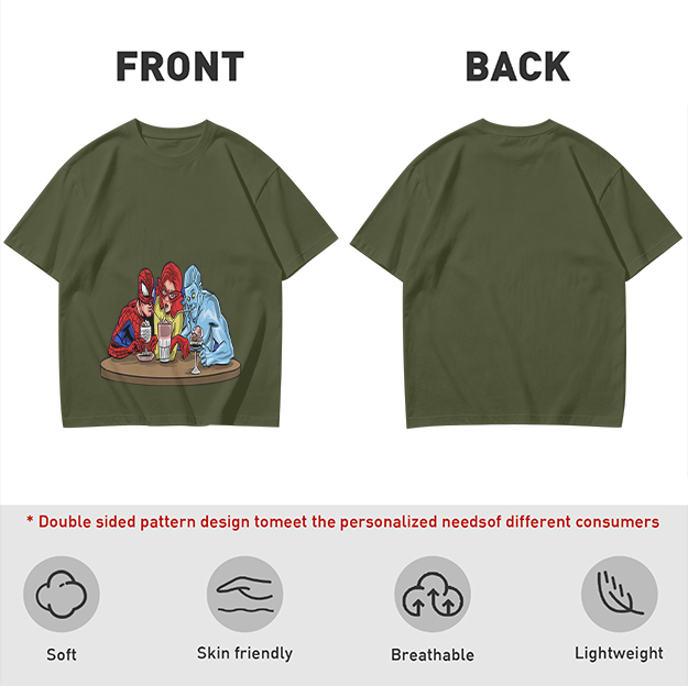 Olive T-Shirt With Superhero Characters Sharing Drinks Print