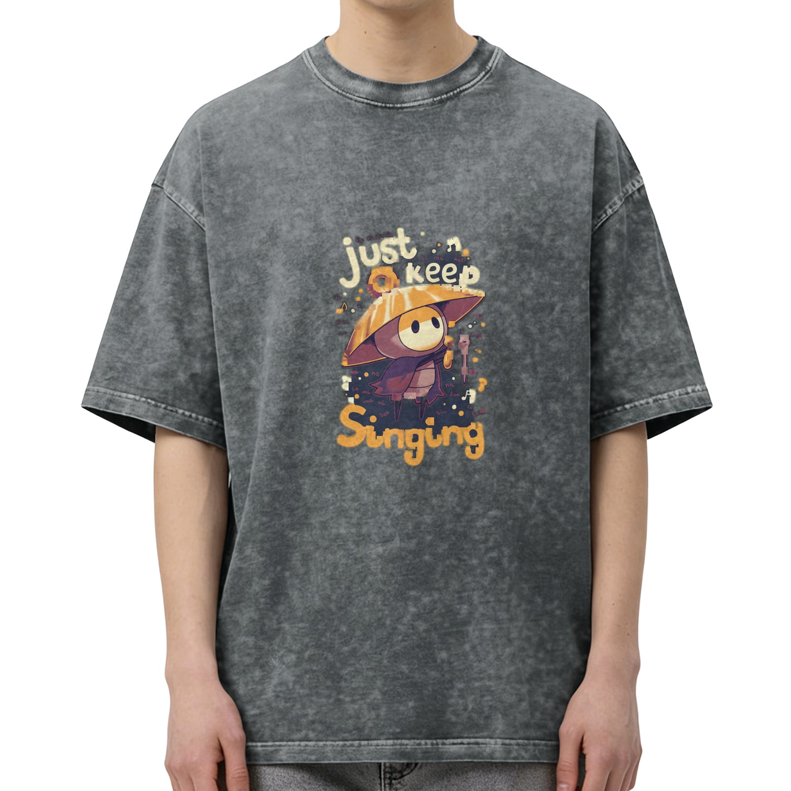 Just Keep Singing Mushroom Character Graphic Acid Wash T-Shirt