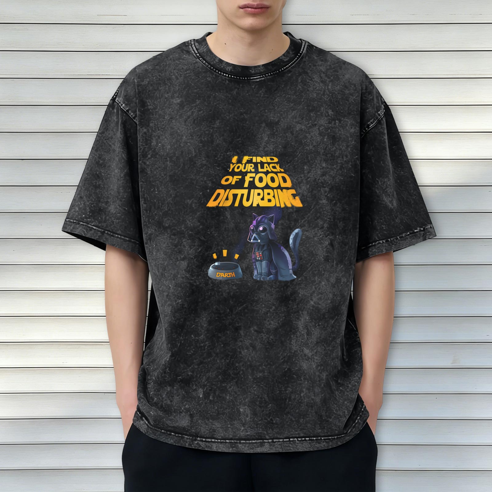 Washed black t-shirt with funny Darth Vader cat food quote