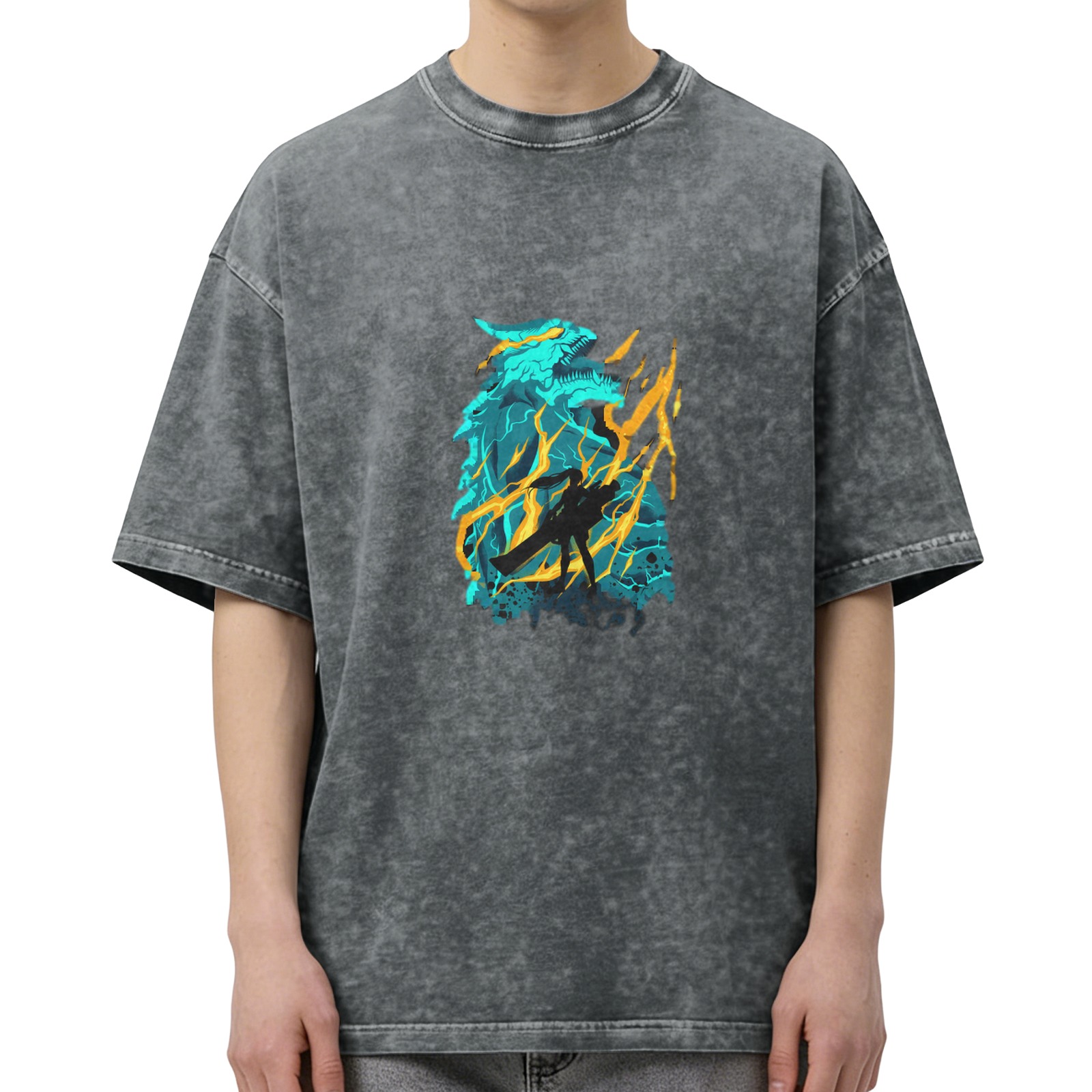 Oversized Acid Wash T-Shirt With Dragon Lightning Graphic Print