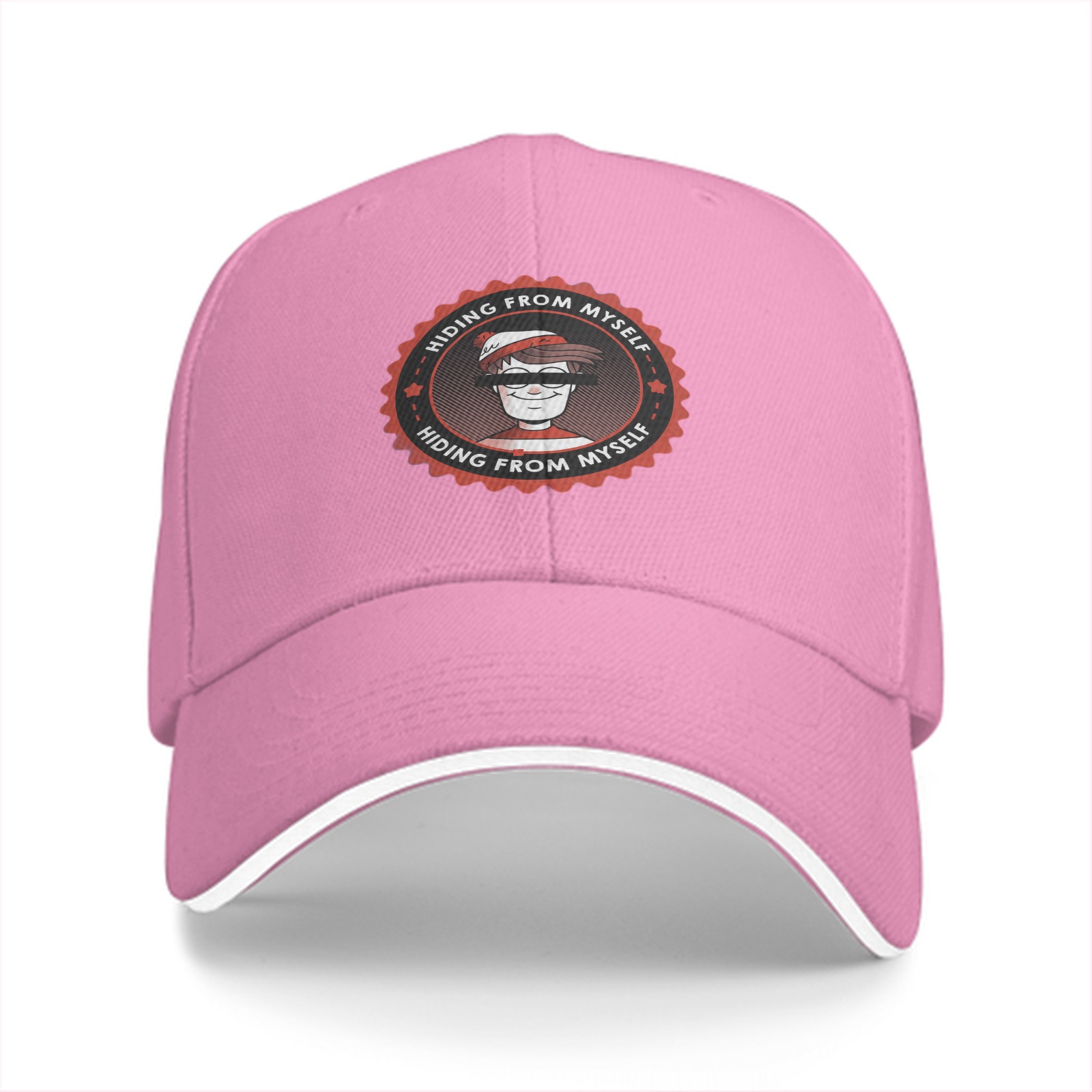 Black baseball cap with 'Hiding From Myself' Waldo-style graphic