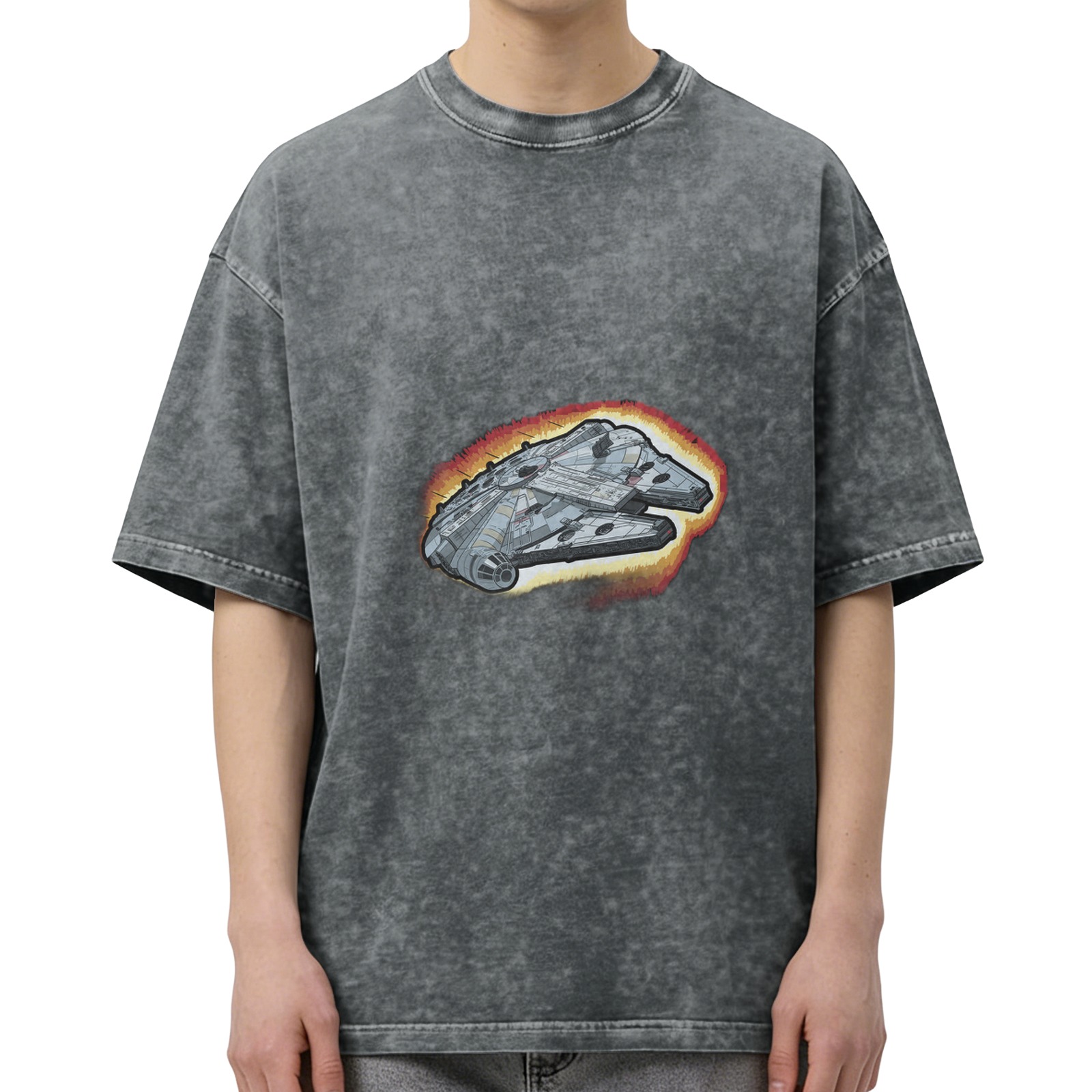 Oversized Acid Wash T-Shirt with Millennium Falcon Graphic