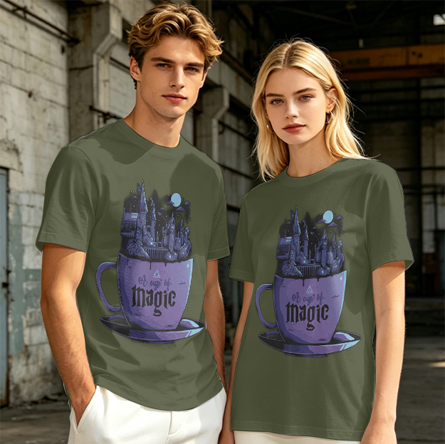 Olive T-Shirt With Teacup Holding Magical Castle Artwork