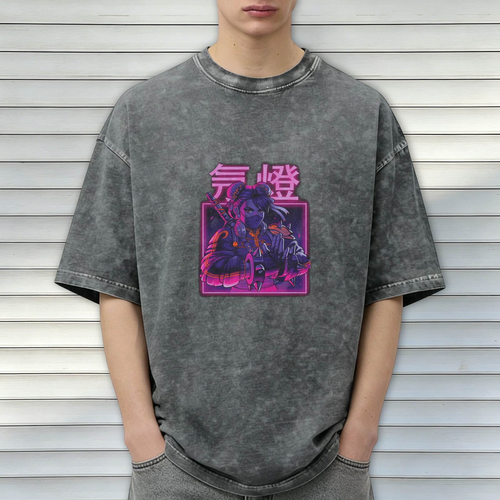 Distressed washed black loose short-sleeved T-shirt Cyberpunk style anime ninja print Japanese text design Street fashion casual top