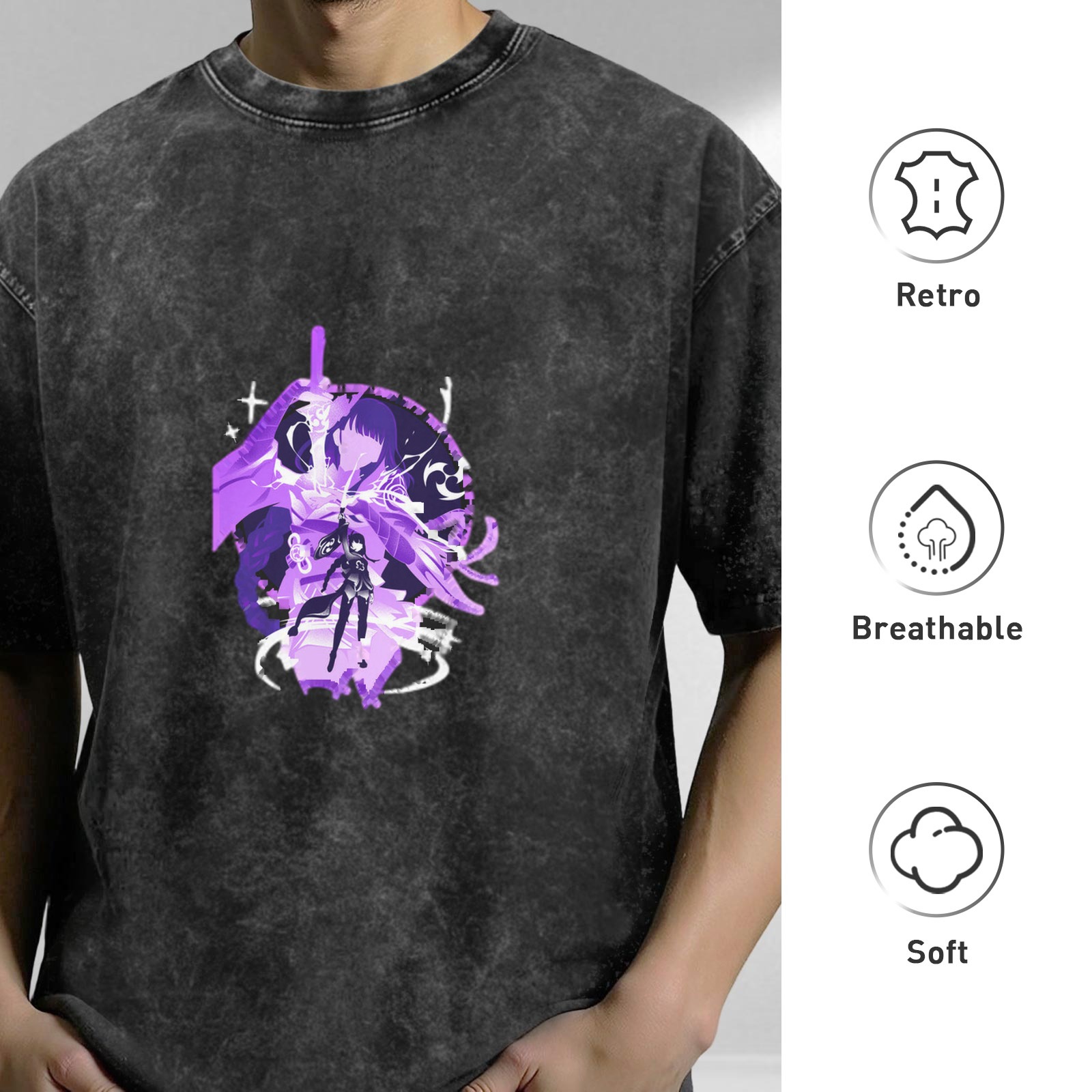 Washed Black T-Shirt with Purple Anime Character Graphic Print