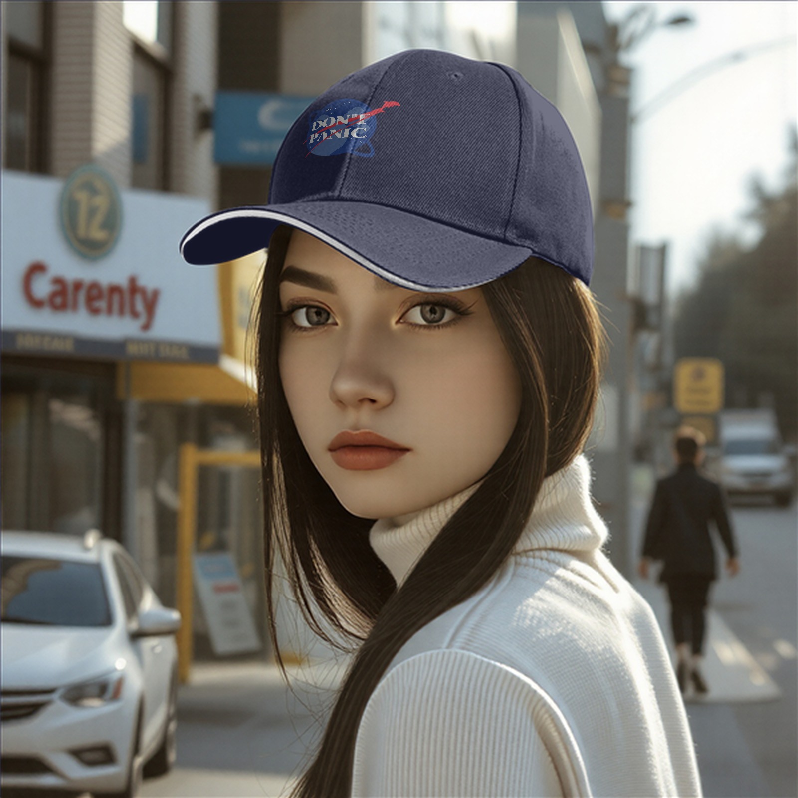 Black baseball cap with Don't Panic NASA-style space graphic