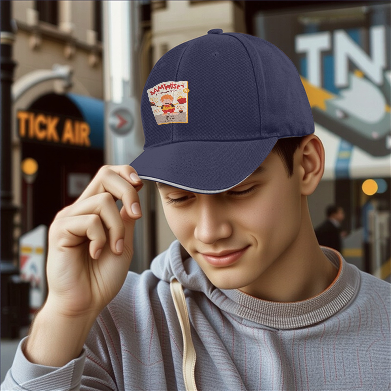Black baseball cap with Samwise's potato fries graphic