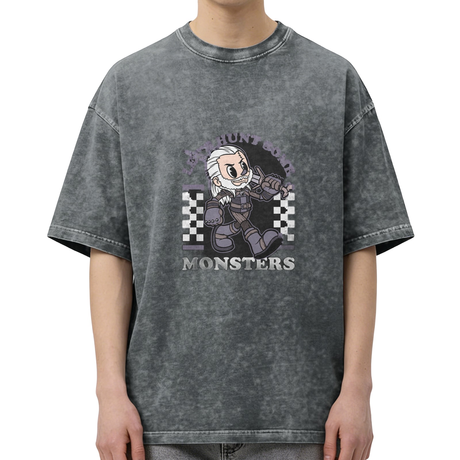 Witcher monster hunt cartoon graphic acid wash t-shirt