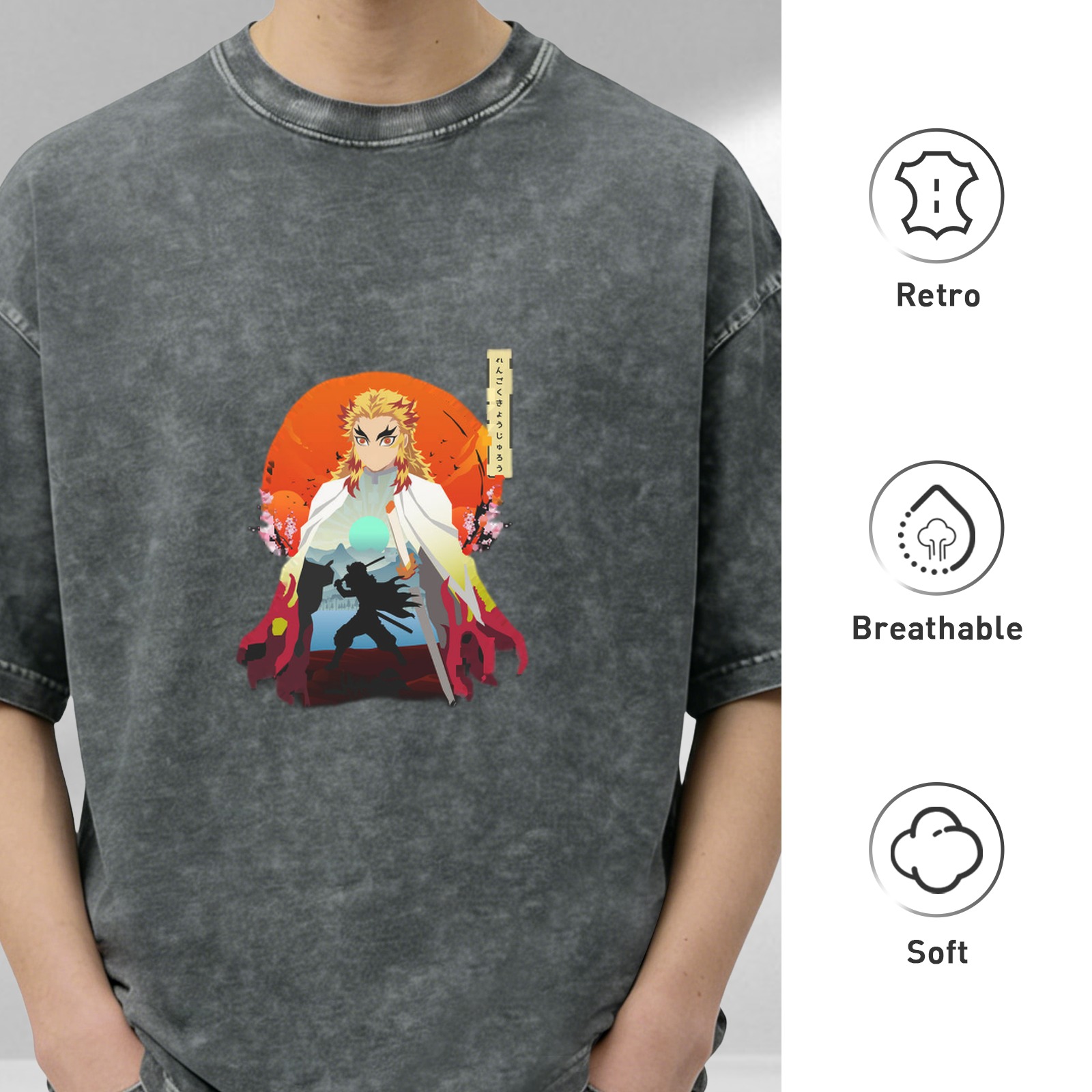 Demon Slayer Rengoku Anime Graphic Oversized Acid Wash T-Shirt