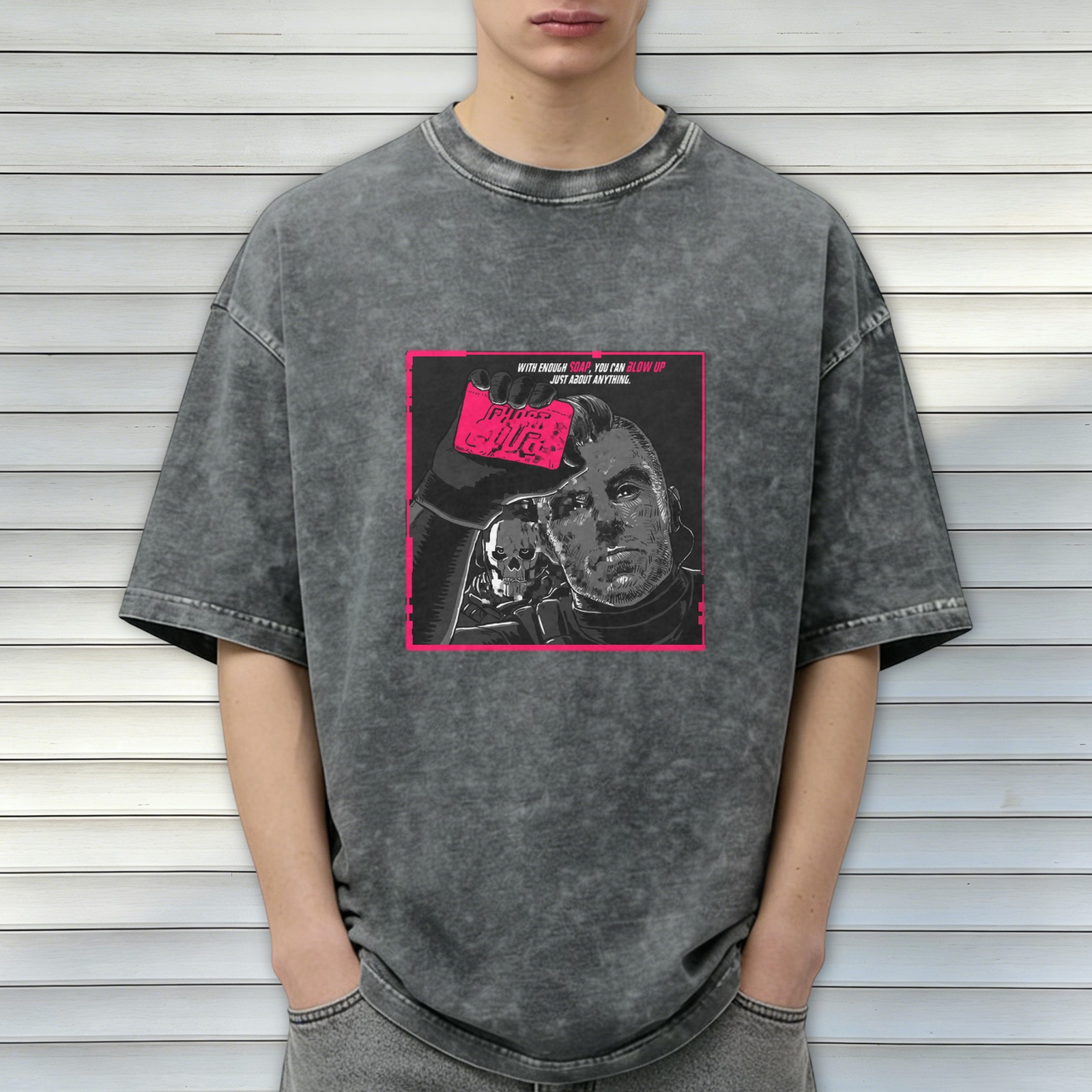 Washed black graphic t-shirt with cyberpunk-style man and skull print