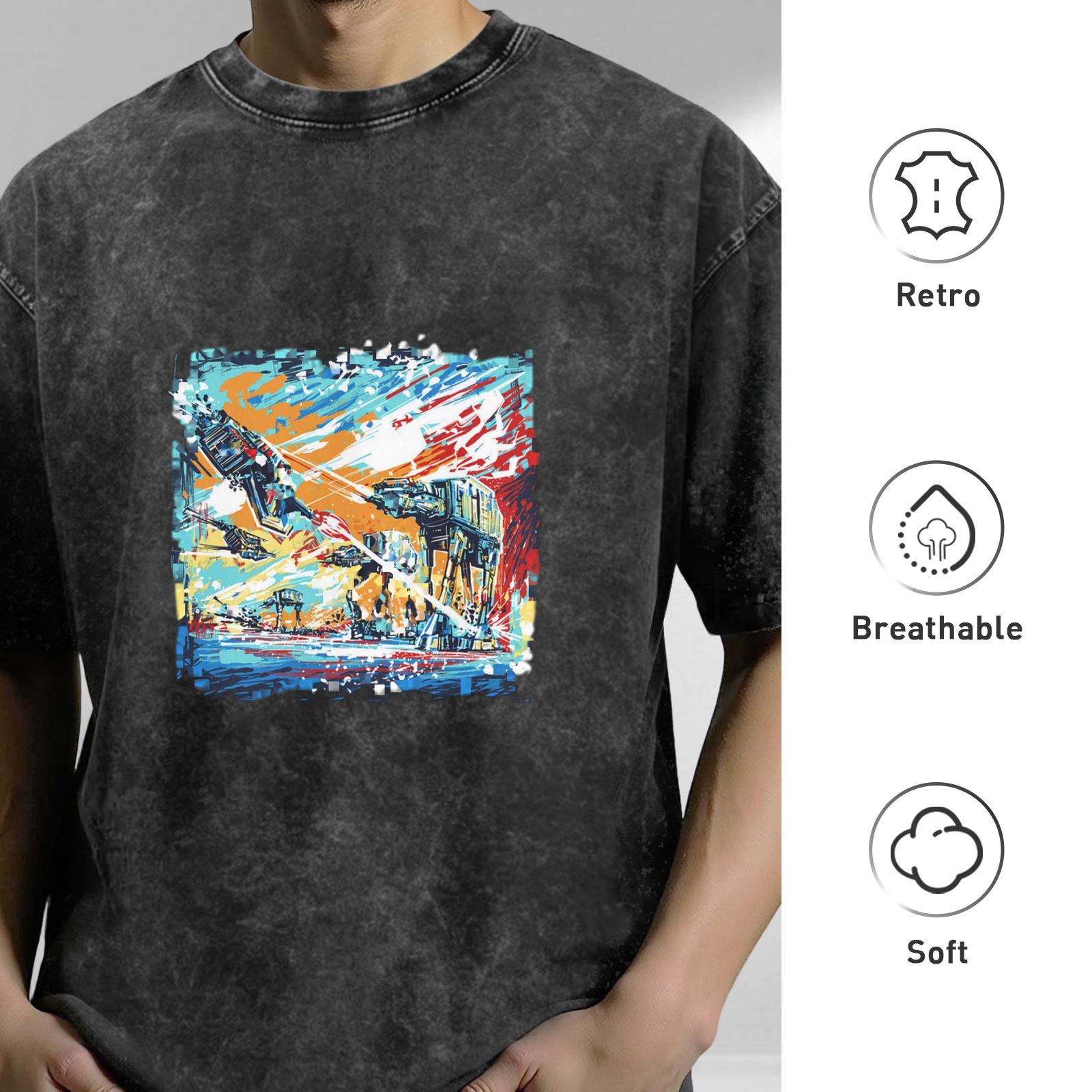 Washed Black Graphic T-Shirt with Sci-Fi Battle Art Print