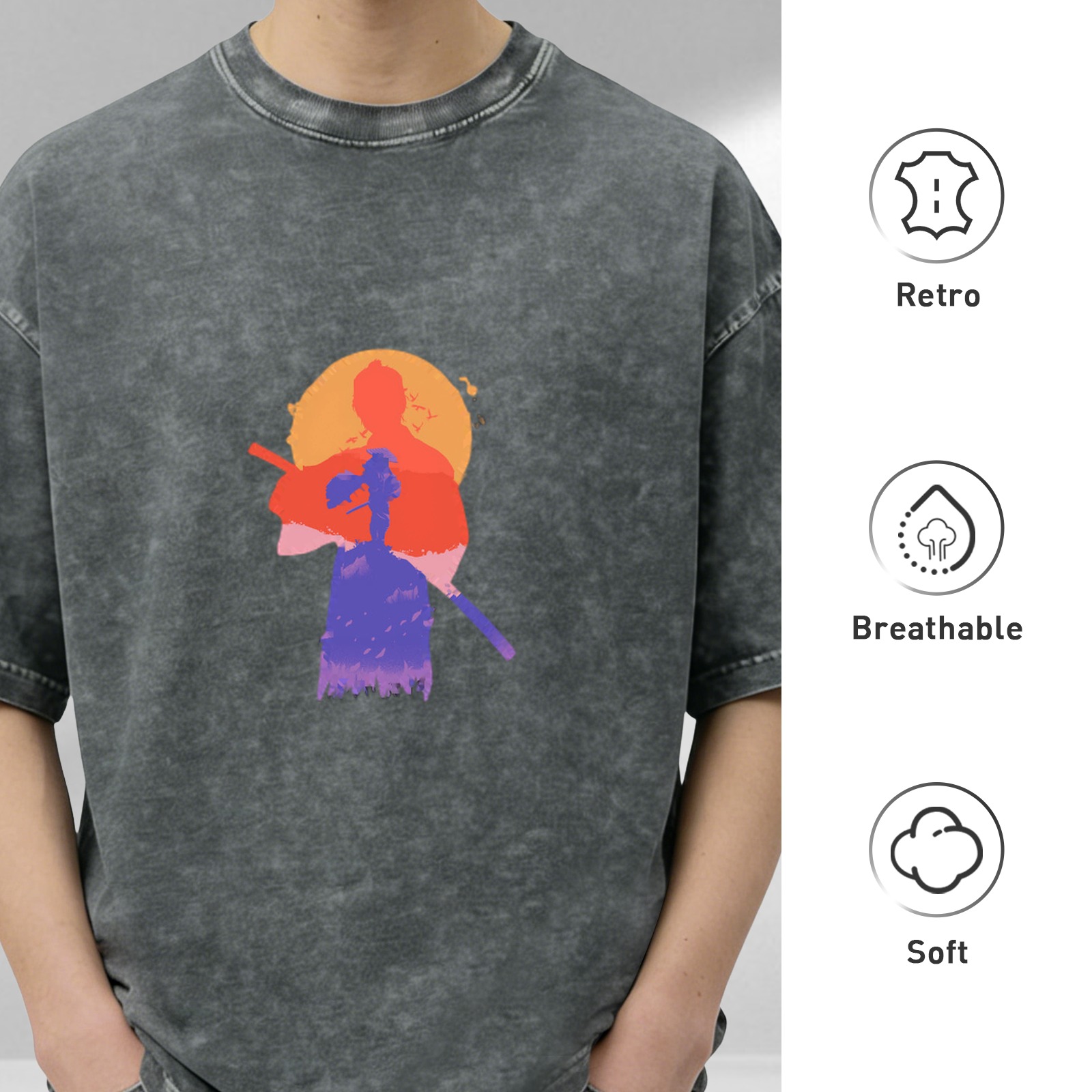 Washed black graphic t-shirt with samurai sunset silhouette print