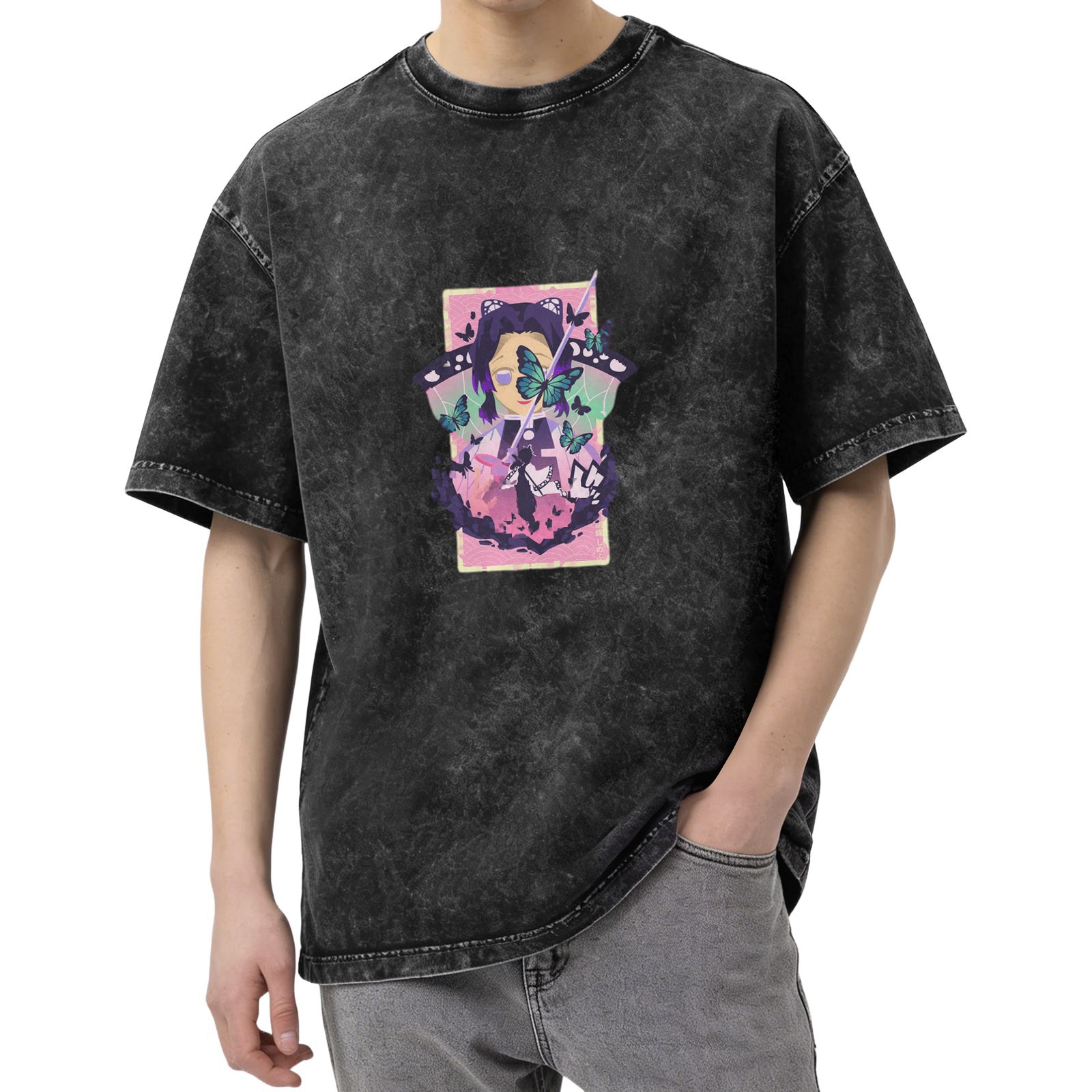 Demon Slayer: Kimetsu no Yaiba Butterfly Ninja themed distressed washed black short-sleeved T-shirt