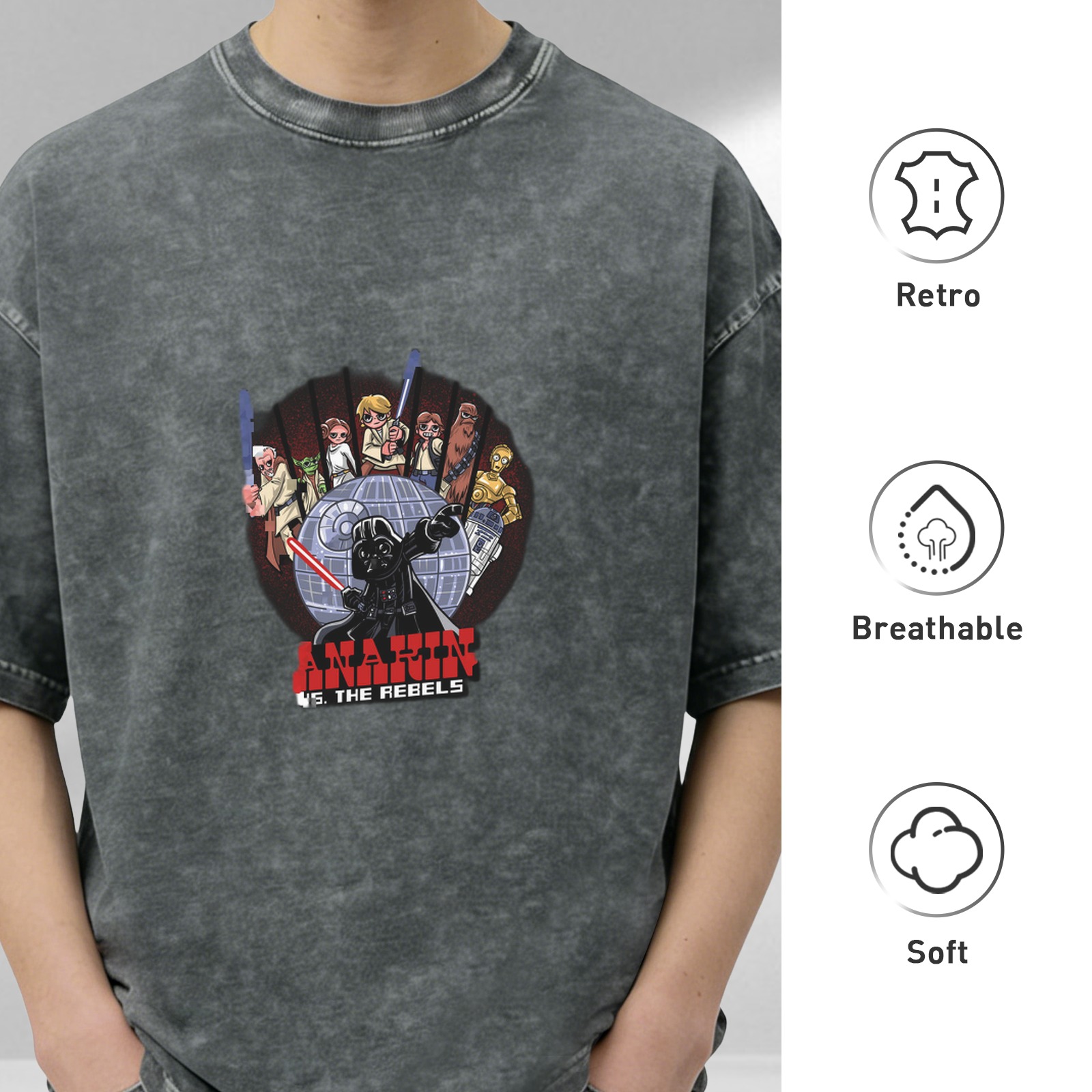 Star Wars themed washed distressed short-sleeved T-shirt Anakin vs Rebels printed casual top