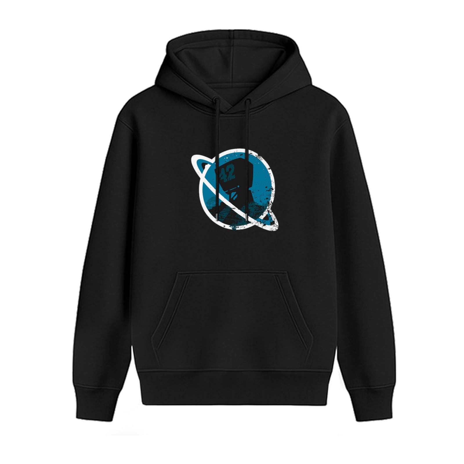 Black Hoodie with Distressed Space Astronaut Planet Graphic