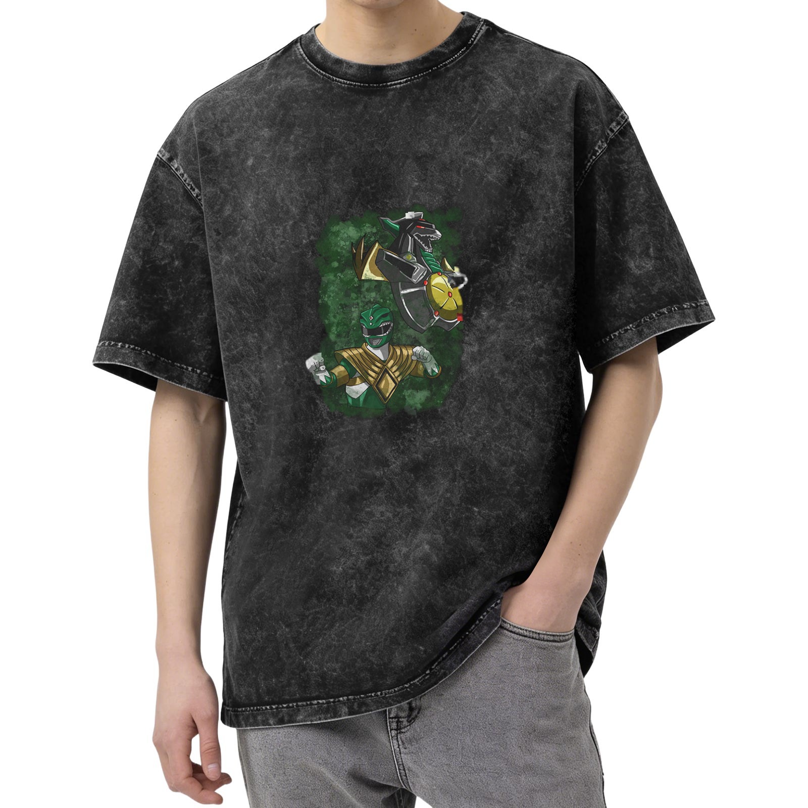 Oversized Stonewashed T-Shirt with Green Ranger Dragonzord Graphic