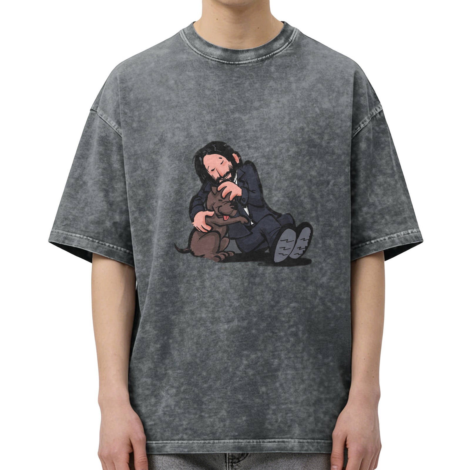 Washed black graphic t-shirt with cartoon man petting a dog design