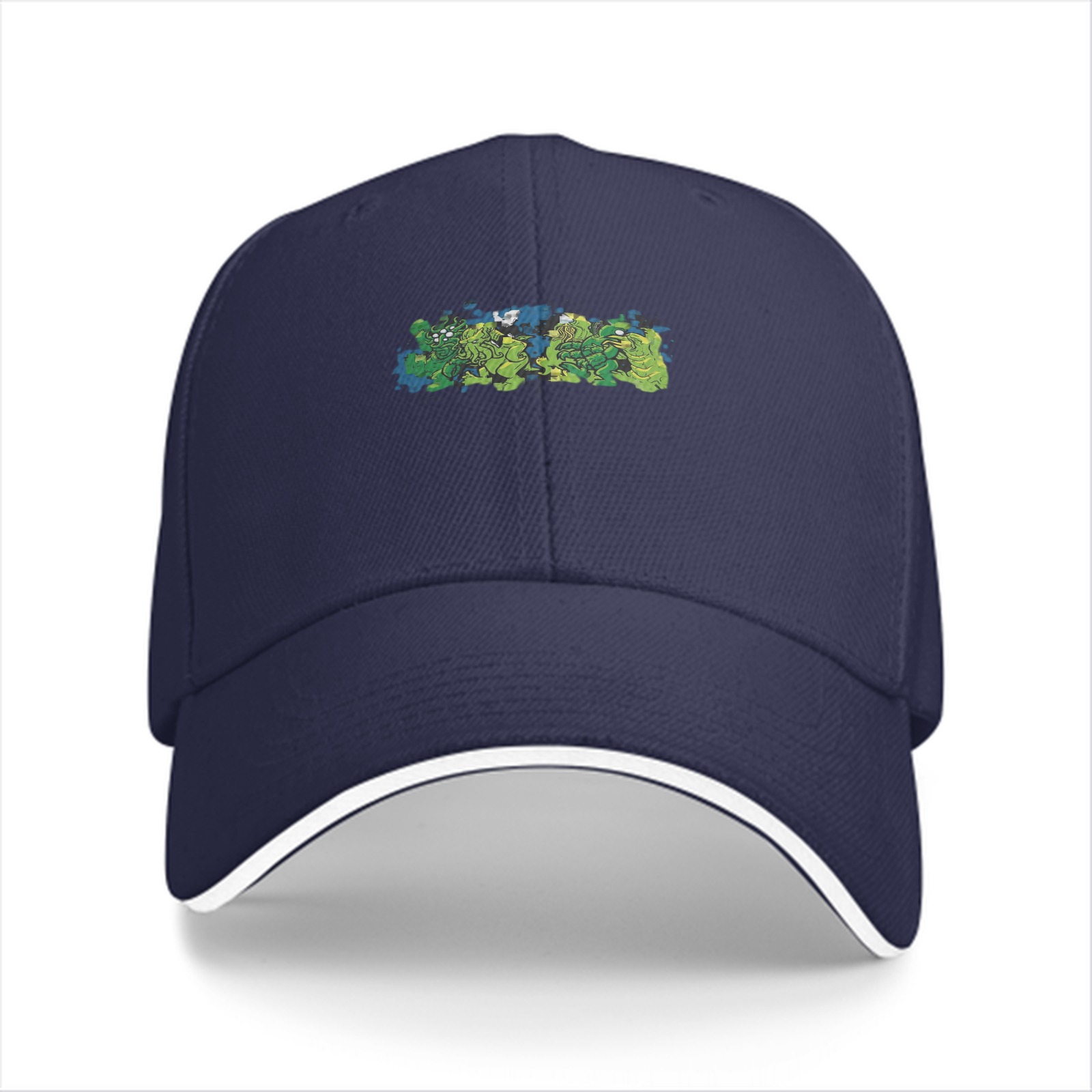 Black baseball cap with green monster graphic print