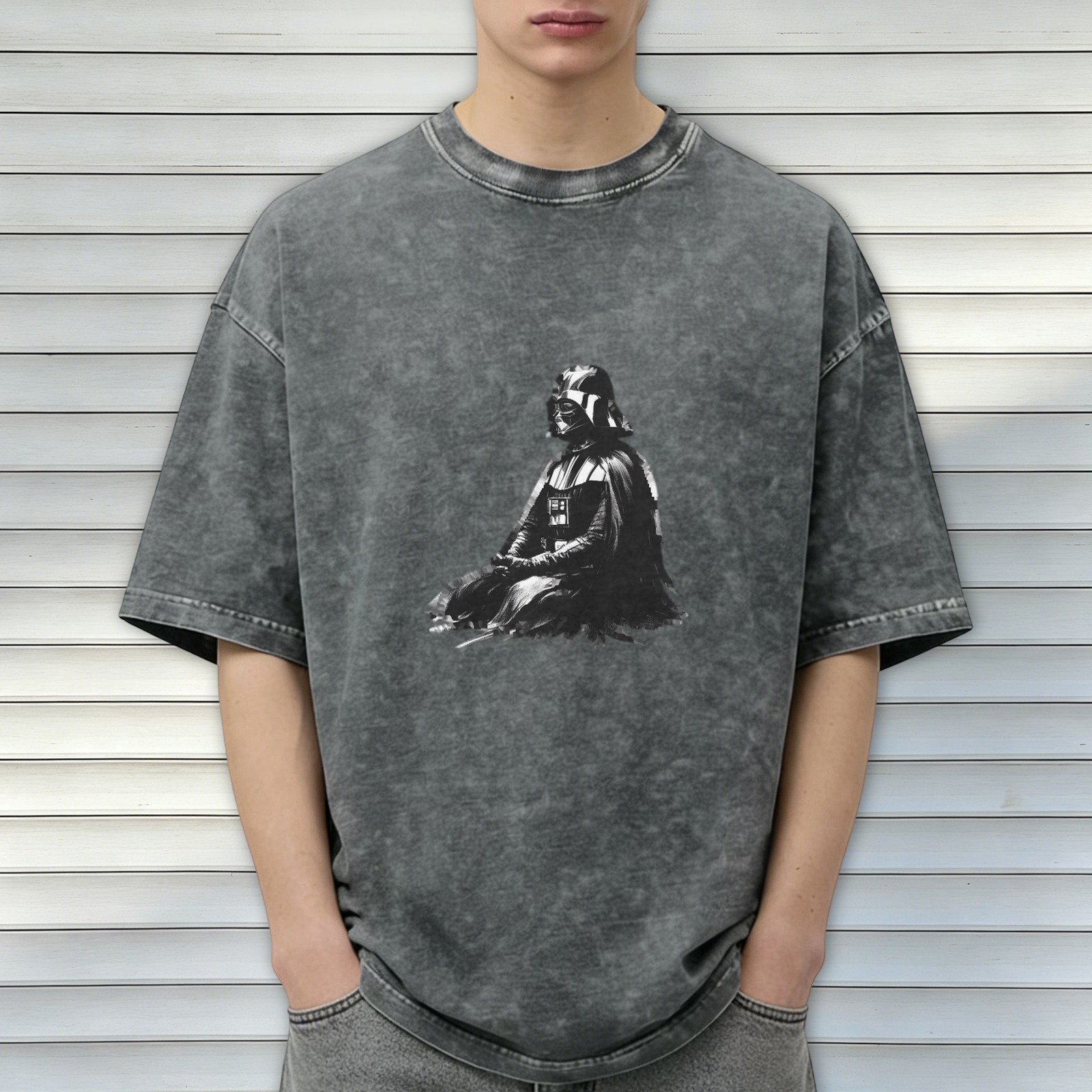 Washed Black T-Shirt With Seated Dark Warrior Graphic Print