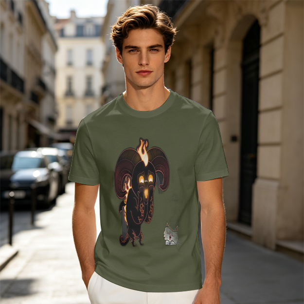 Olive Green T-Shirt With Dark Ram Demon And Small Creature Print