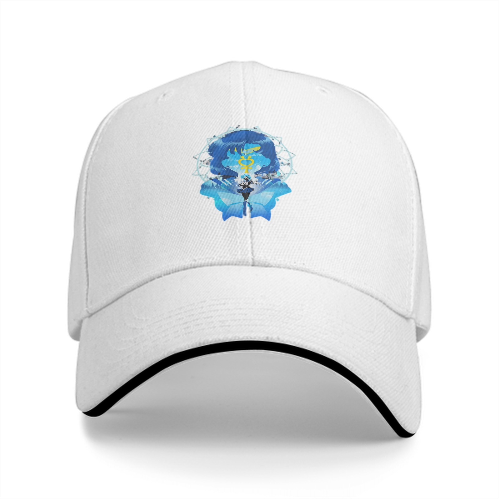 Black Baseball Cap With Blue Anime Character Art Print