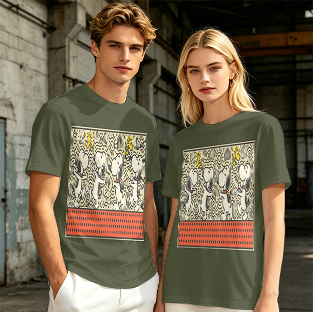 Olive T-shirt with dancing Snoopy and Woodstock graphic print