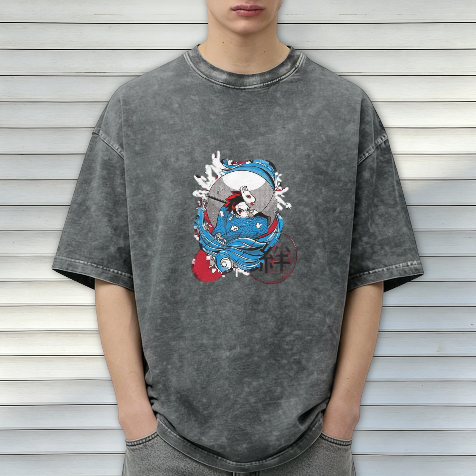 Oversized Washed Black Anime Graphic T-Shirt featuring Demon Slayer Tanjiro Kamado with Warding Mask Design