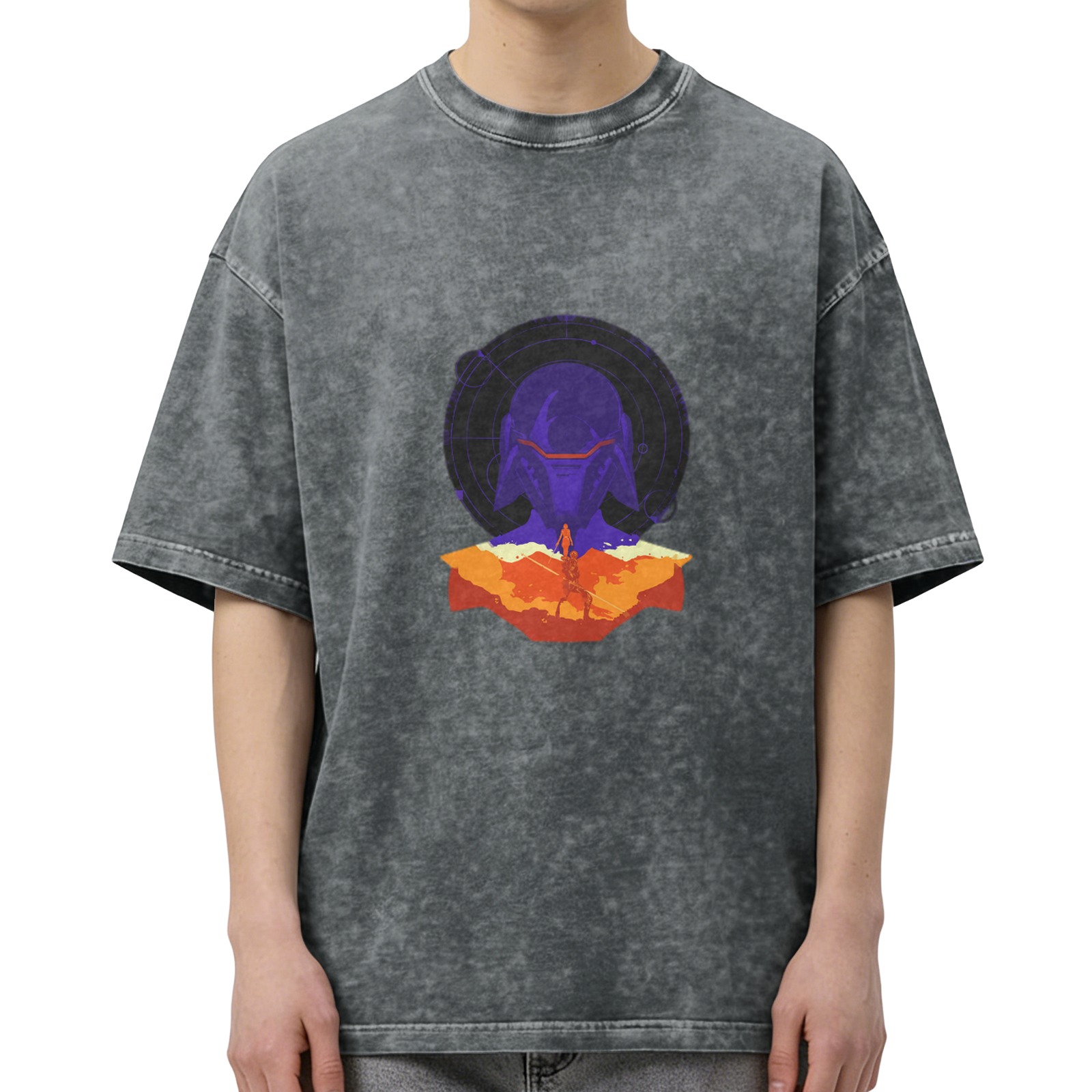Oversized Acid Wash T-Shirt with Sci-Fi Warrior Helmet Graphic