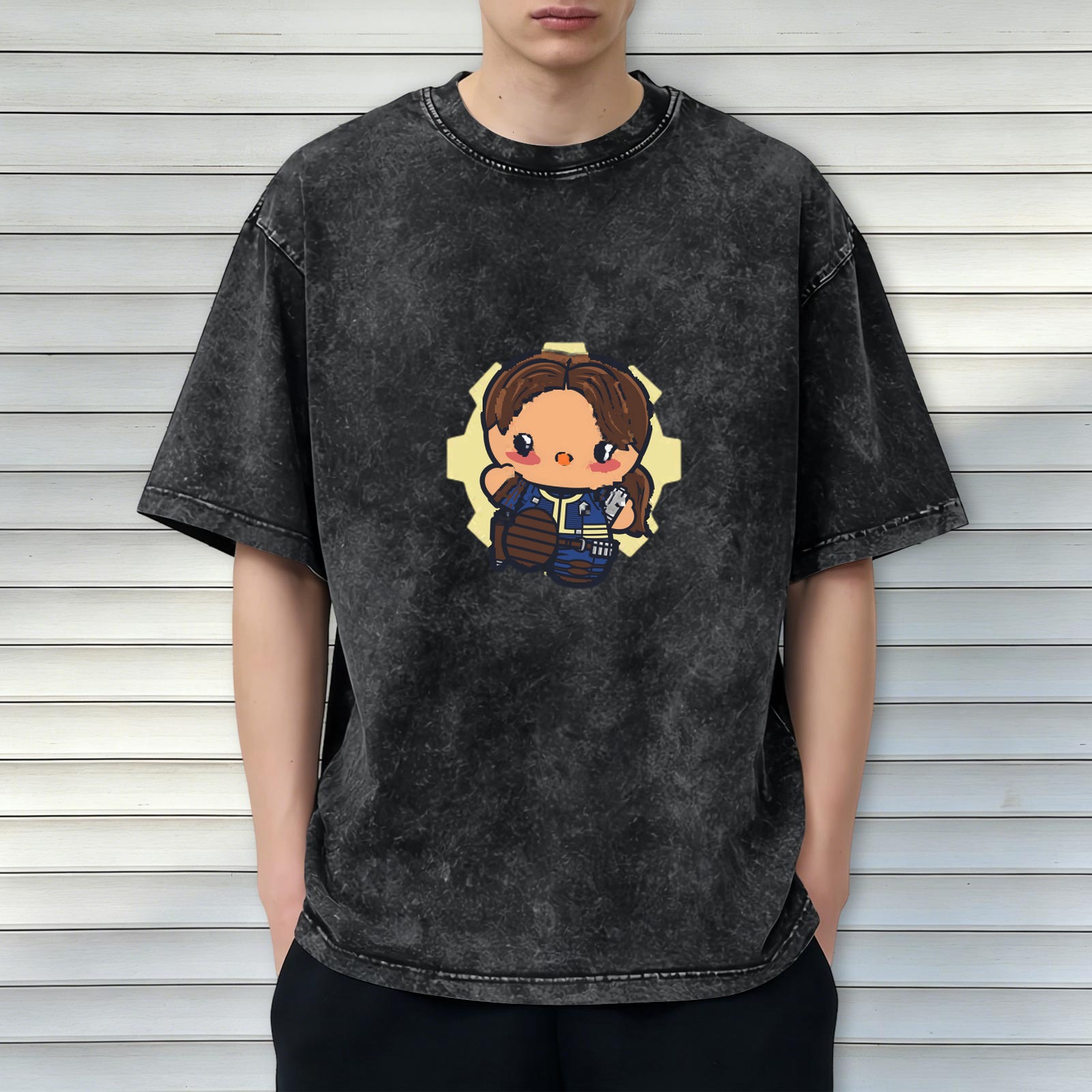 Washed Black T-Shirt with Cute Vault Dweller Chibi Graphic
