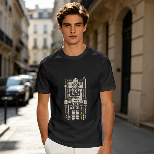 Olive T-Shirt With Mechanical Skull Weapon Art Print