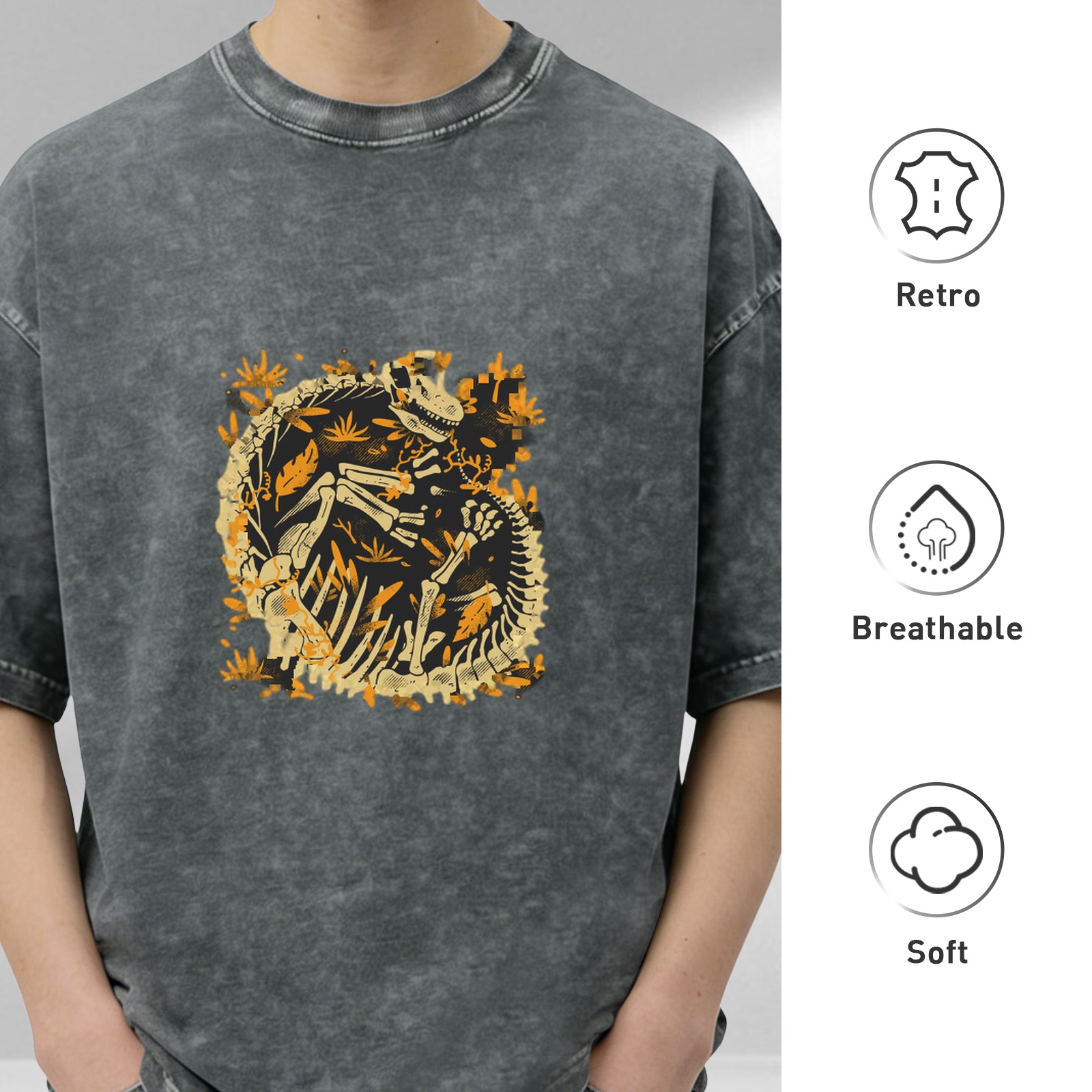 Oversized Acid Wash T-Shirt with Dinosaur Skeleton Fossil Print