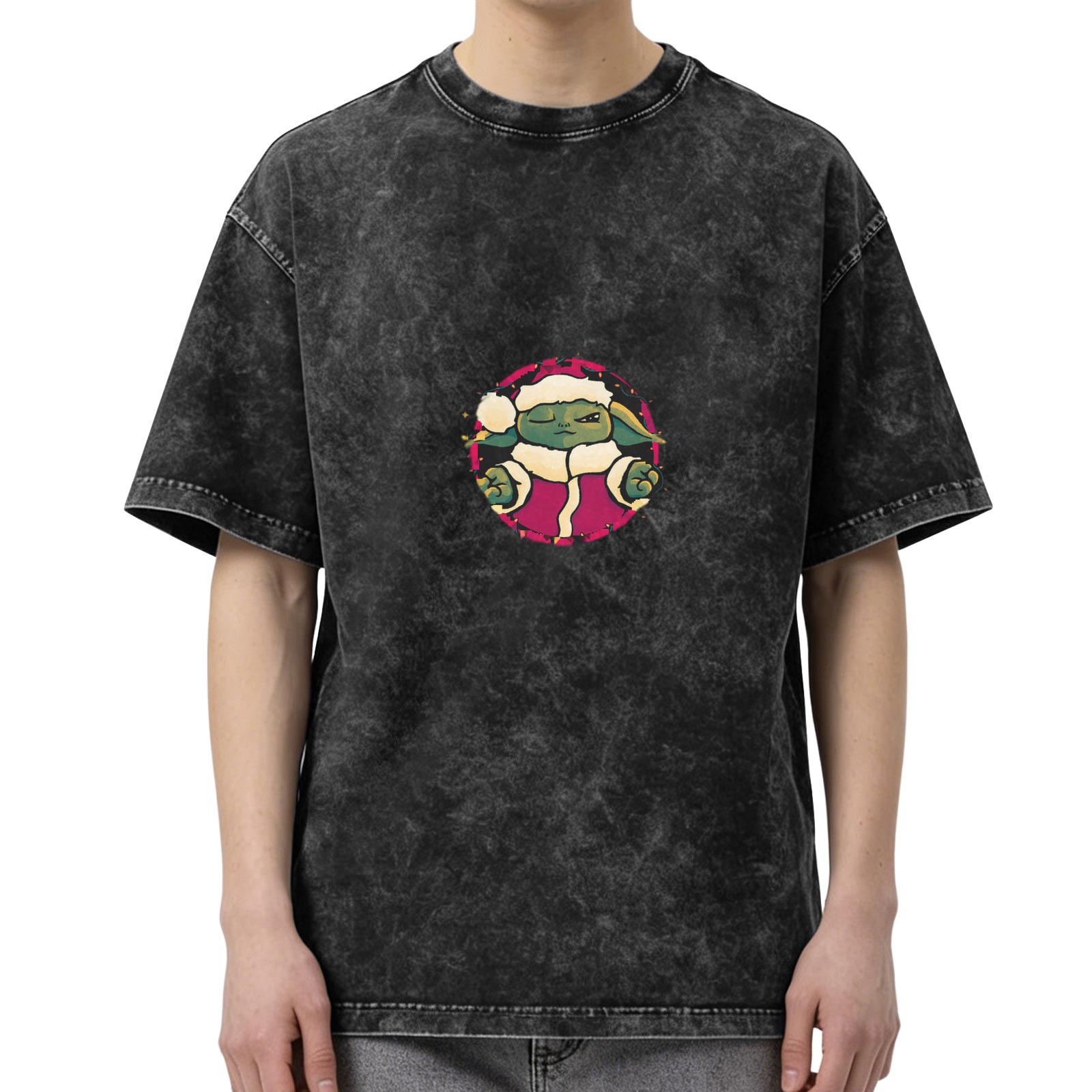 Distressed black loose short-sleeved T-shirt Christmas Baby Yoda print