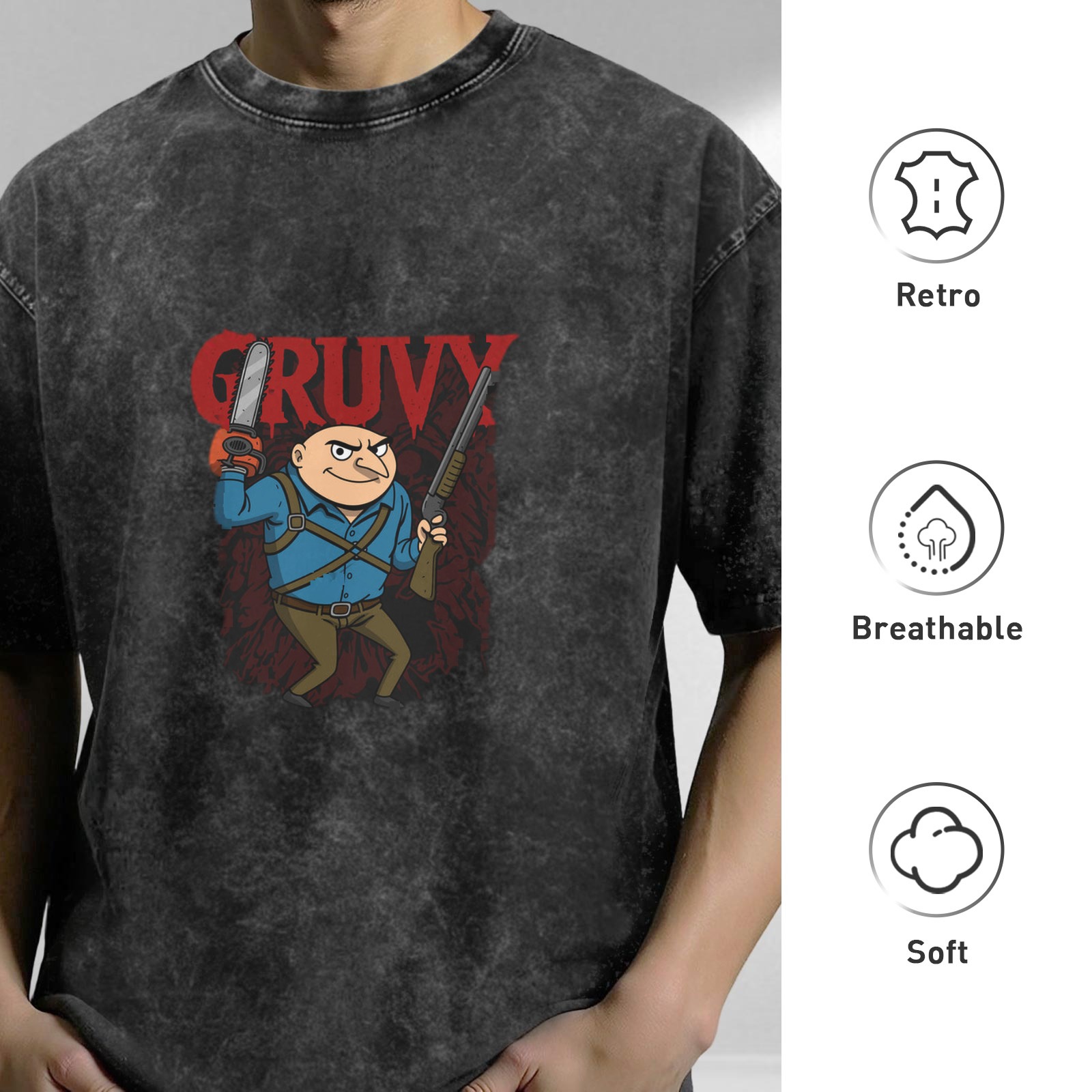 Washed Black T-Shirt With Gruvy Chainsaw Gun Cartoon Print