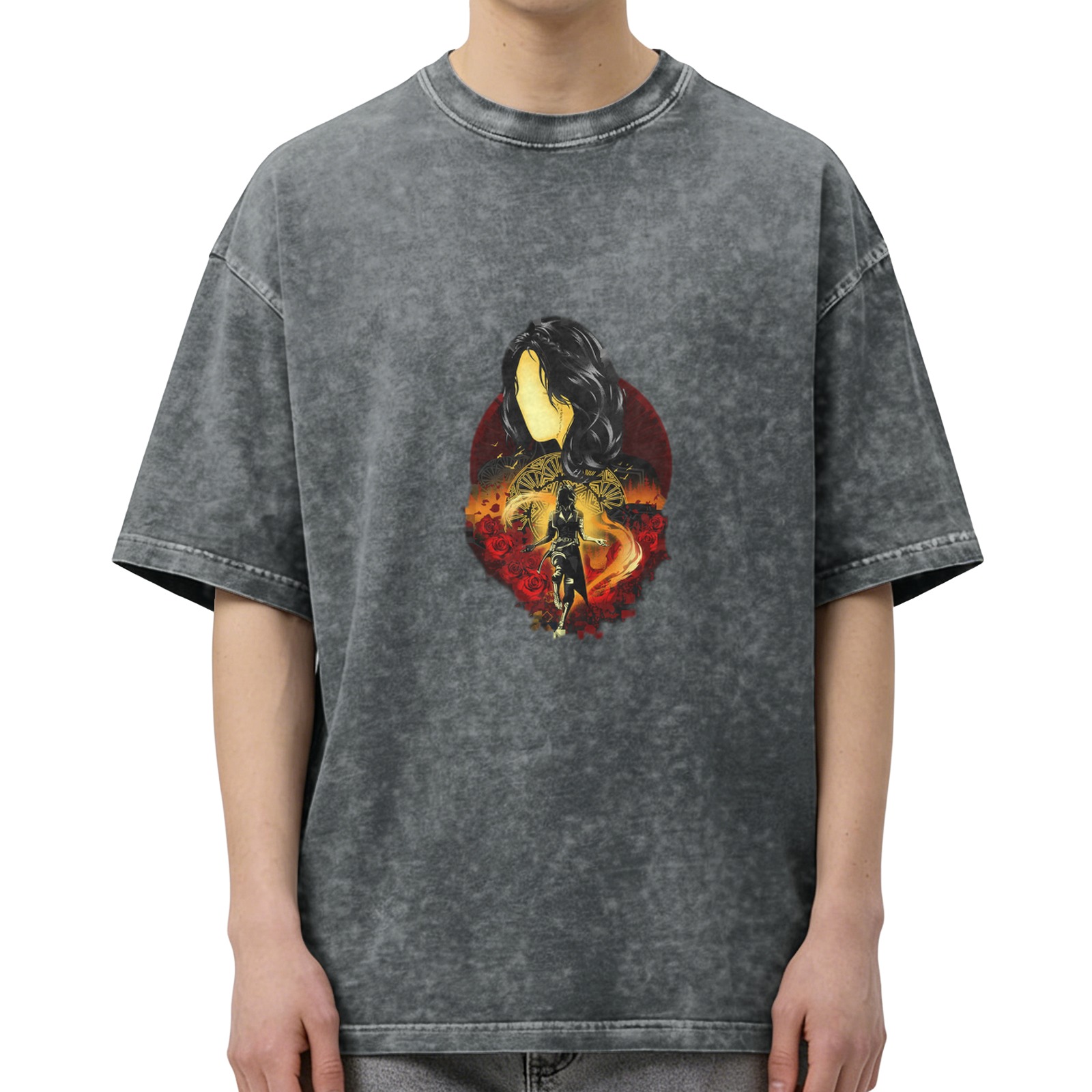 oversized acid wash graphic t-shirt with fantasy warrior woman print