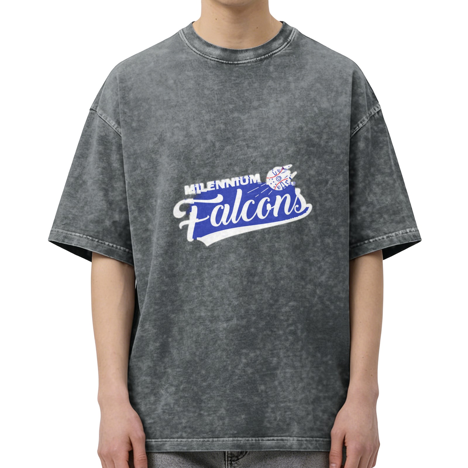 Washed Black Graphic T-Shirt with Millennium Falcons Print
