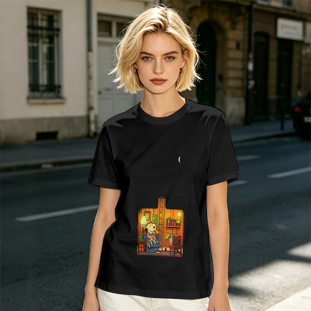 Olive T-Shirt With Cozy Dog In Room Graphic Print