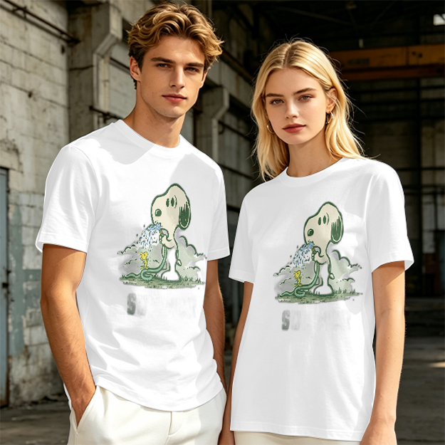 Olive T-shirt with Snoopy and Woodstock Watering Print