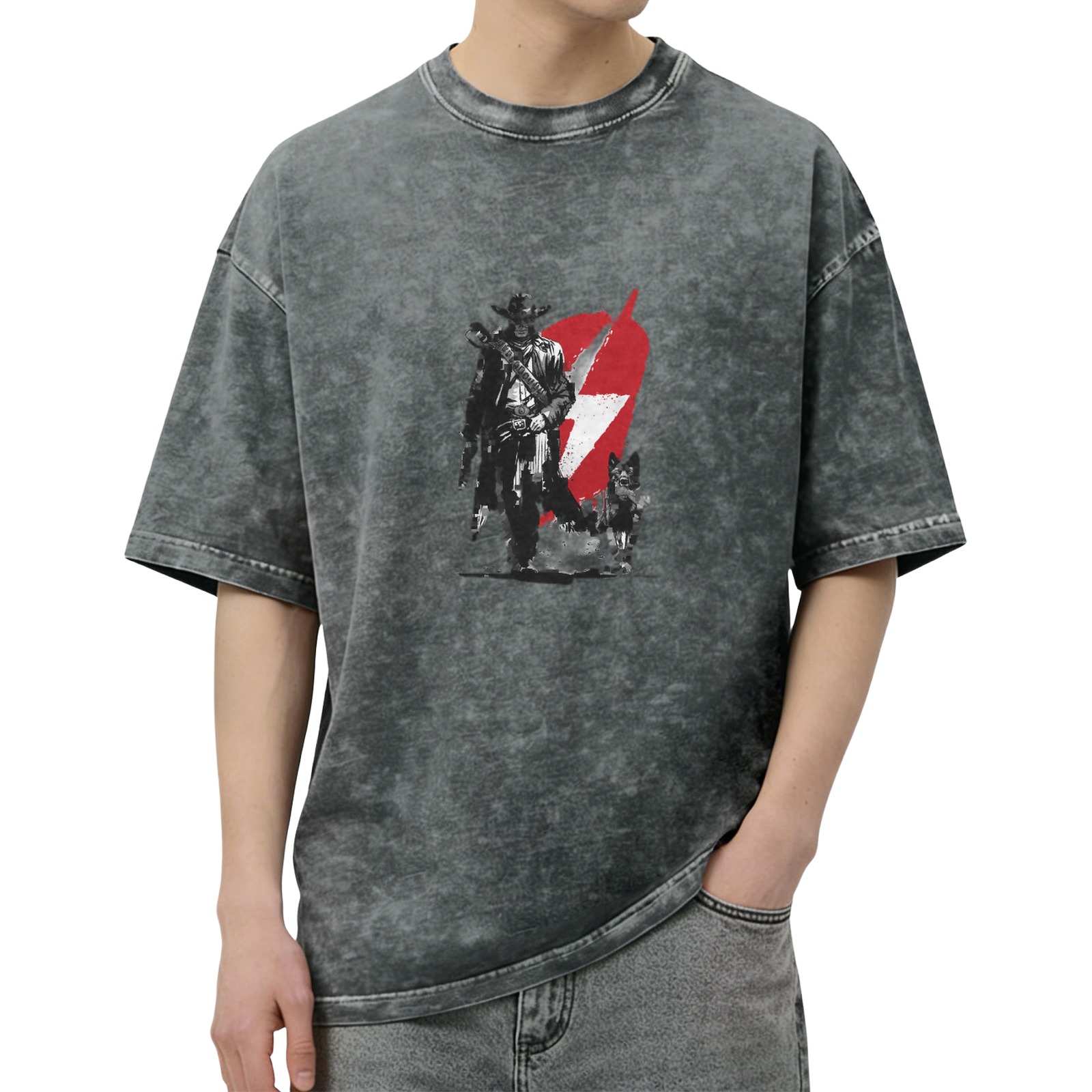 Distressed washed black loose short-sleeved T-shirt with retro pirate style graphic print