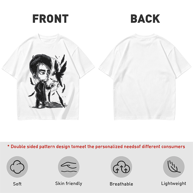Olive T-Shirt with Chibi Dark Character and Crow Print
