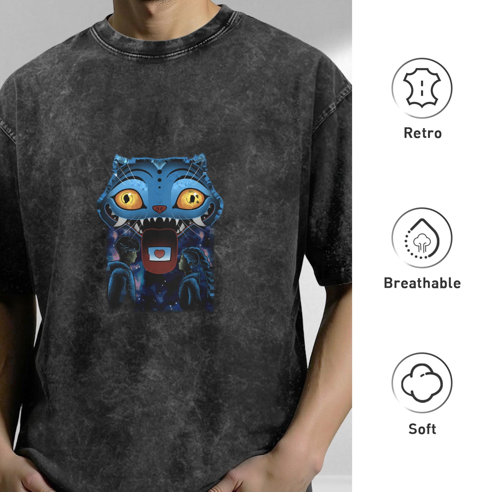 Distressed washed black loose short-sleeved T-shirt with blue cartoon monster pattern printed on the chest