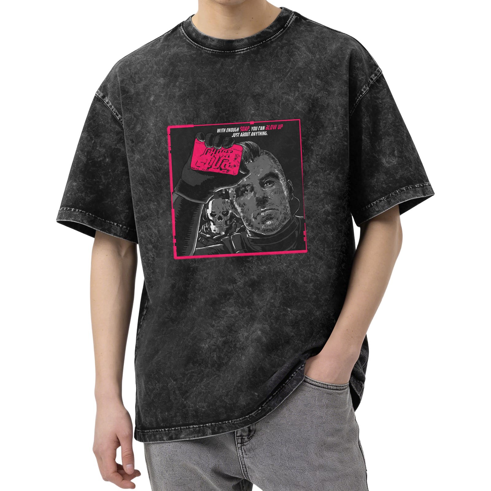 Washed black graphic t-shirt with cyberpunk-style man and skull print
