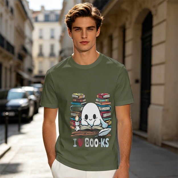 Olive T-Shirt With Cute Ghost Reading Books 'I Love Books' Print