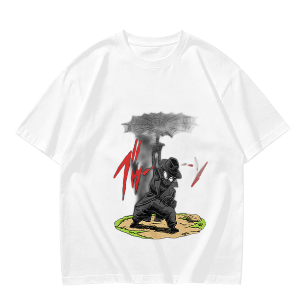 Olive T-shirt with Dark Umbrella-Wielding Character Graphic