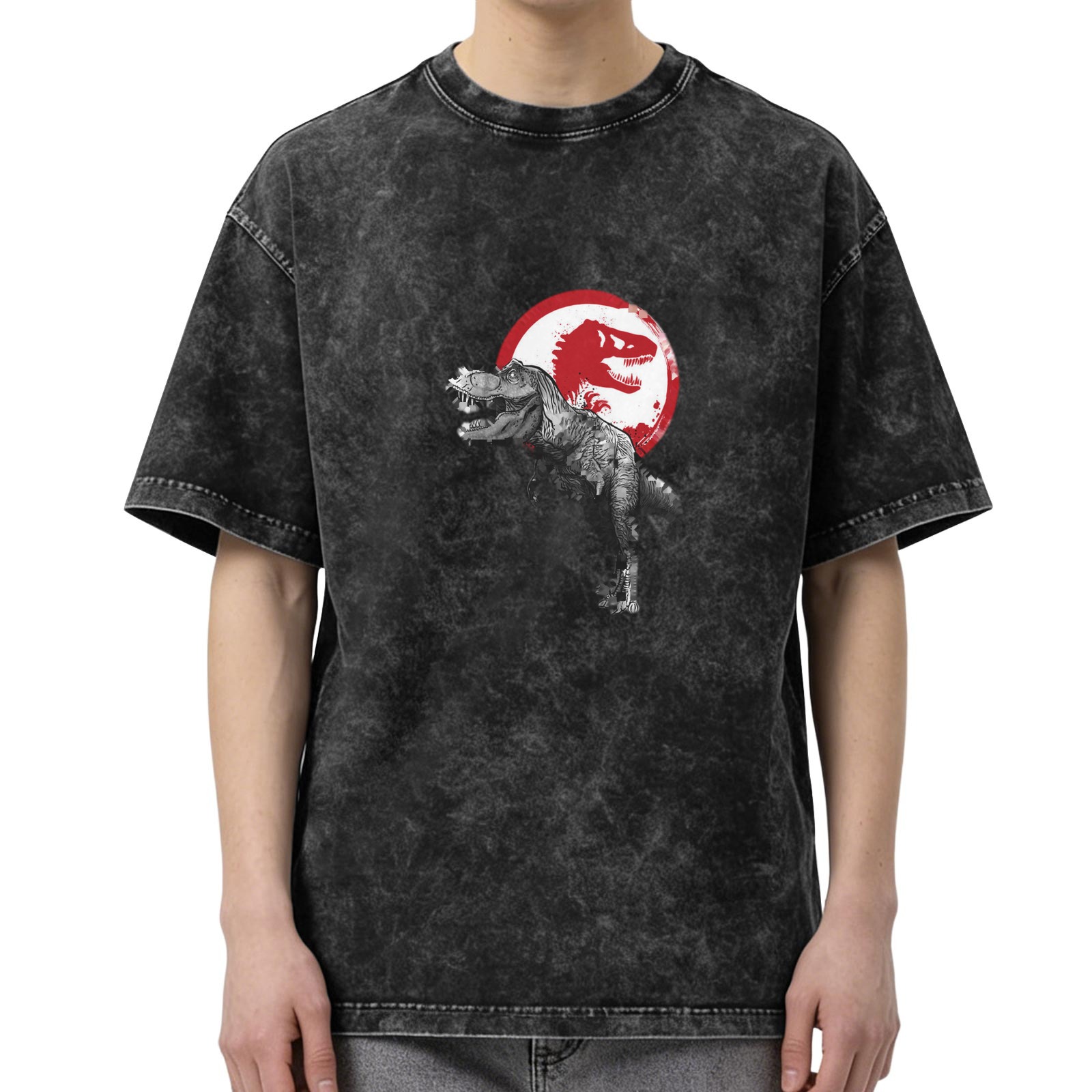 Washed Black Oversized T-Shirt with T-Rex Dinosaur Graphic