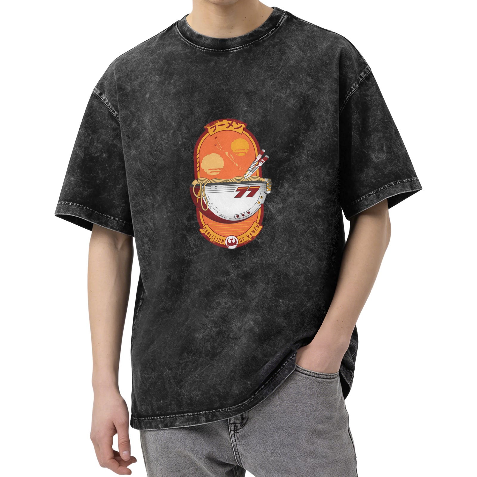 Oversized Dark Wash T-Shirt With Racer Ramen Graphic