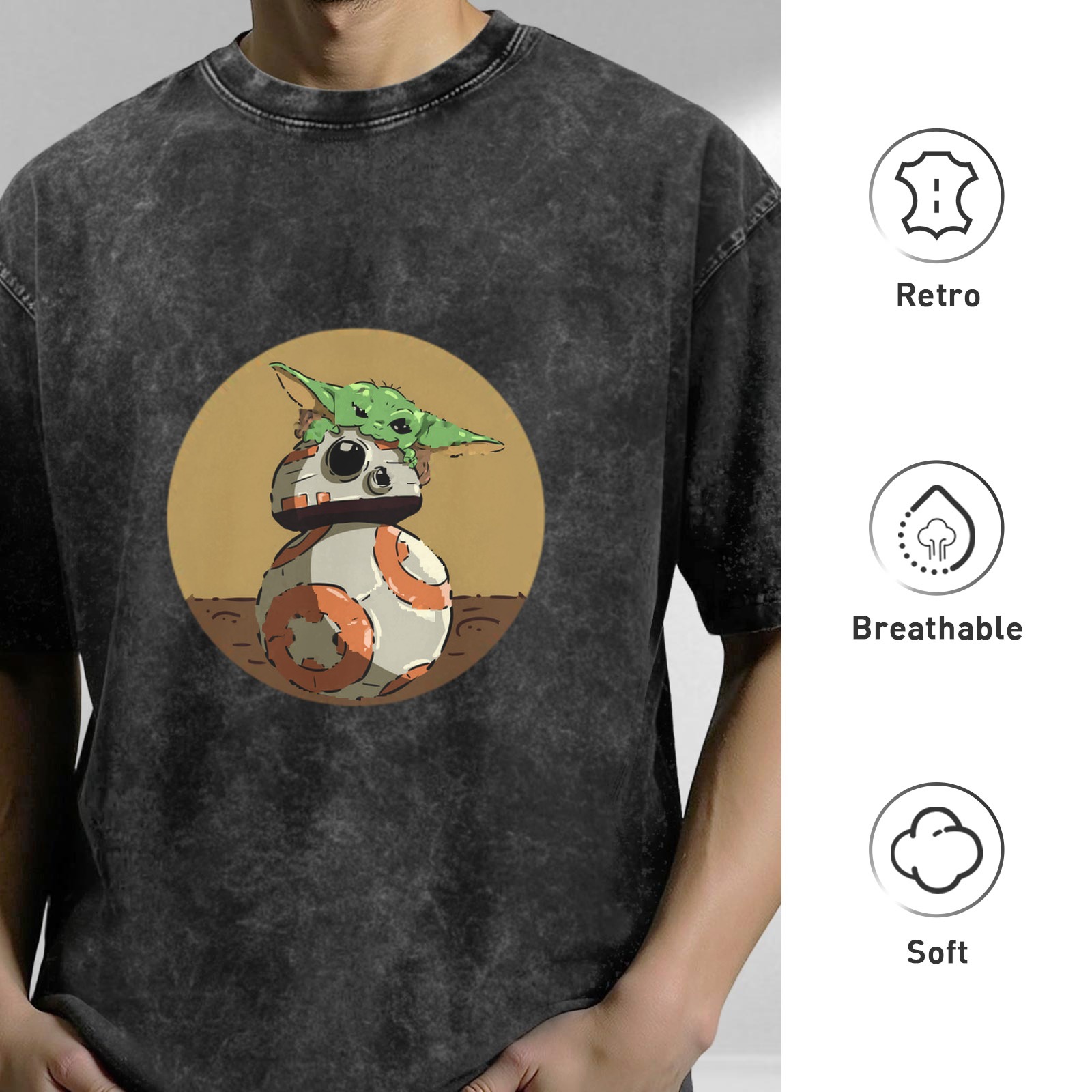 Star Wars Baby Yoda and BB-8 Graphic Washed Black T-Shirt