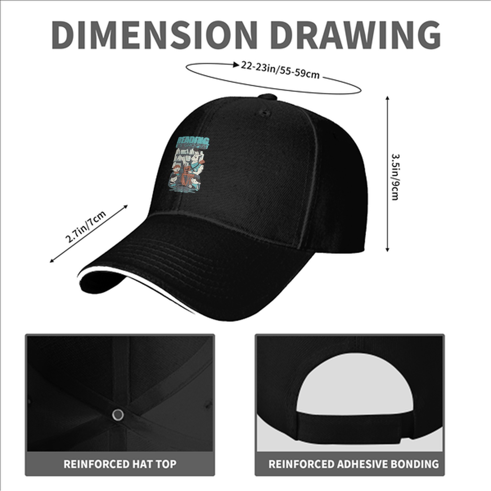 Black baseball cap with retro reading themed graphic print