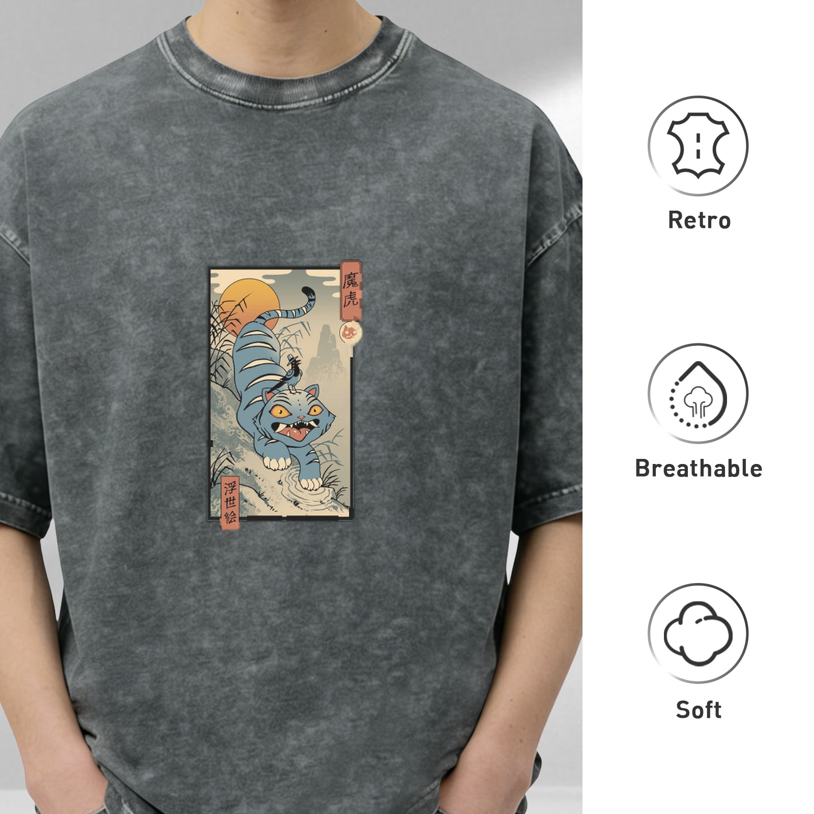 Washed distressed black loose short-sleeved T-shirt Ukiyo-e style blue tiger pattern printed top