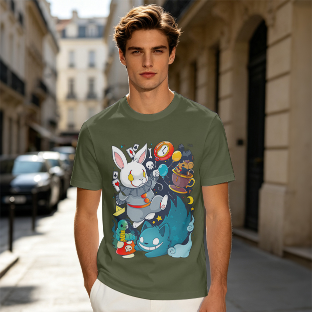 Alice in Wonderland Themed Graphic T-Shirt with Whimsical Characters